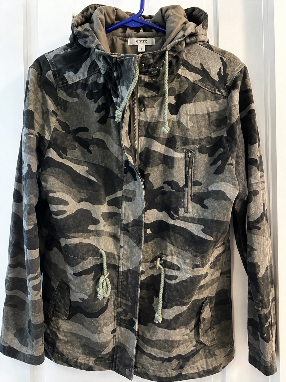 Entro Camo Lightweight Jacket Womens Large Hooded Zip Up Military Style Coat